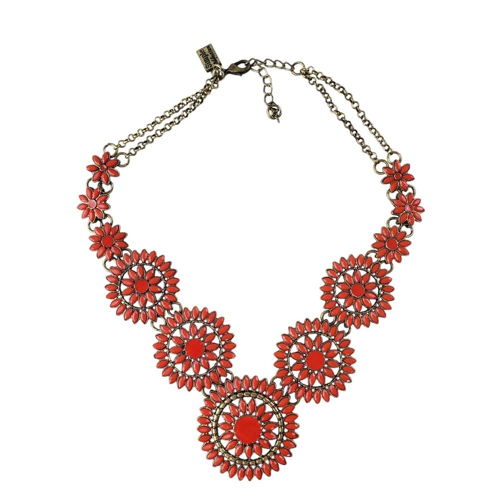 VTG Simple Addiction 70s Style Coral Medallions Necklace Claw Clasp Statement PC - Picture 2 of 6